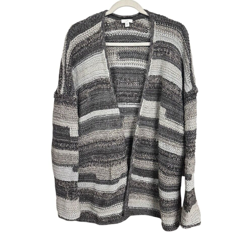 J Jill Womens Sz L Cardigan Sweater Gray Open Chunky Granny Lagenlook Artsy